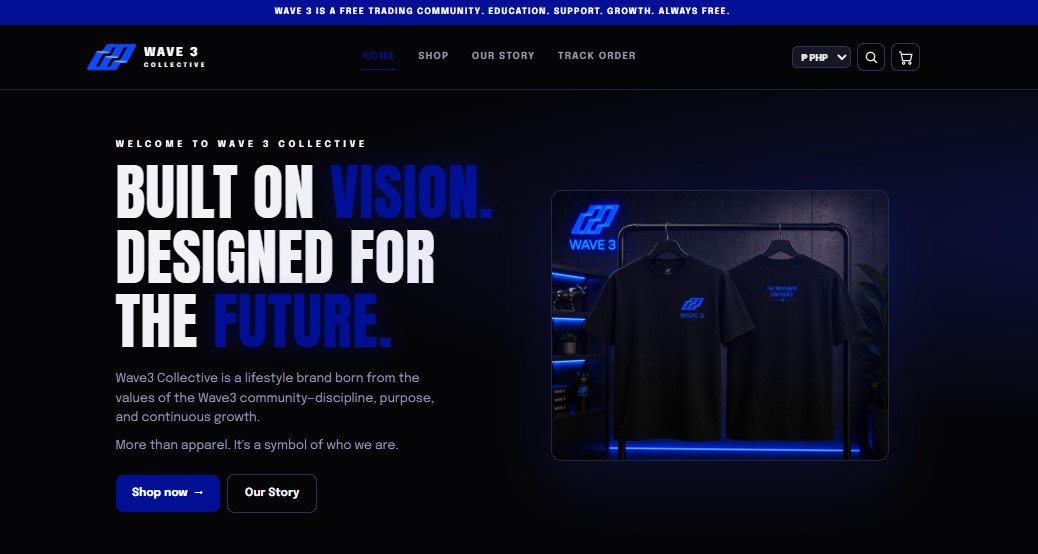 Wave3 Collective storefront homepage — editorial hero on desktop