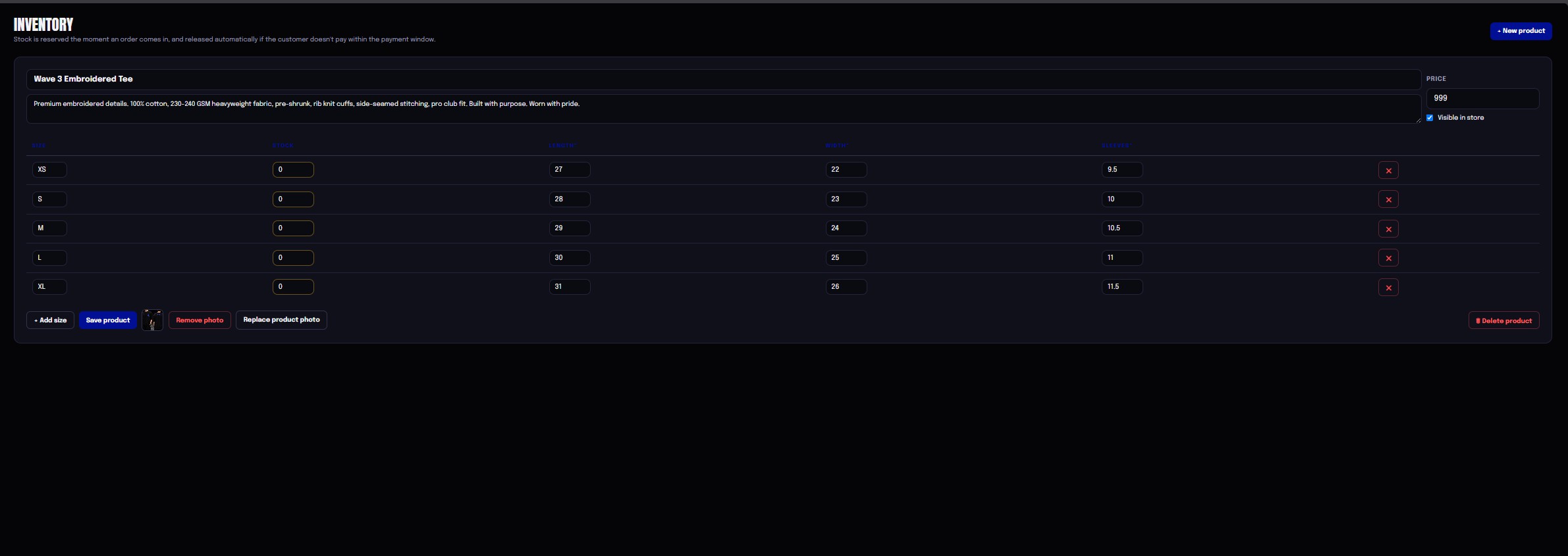 Per-size inventory management