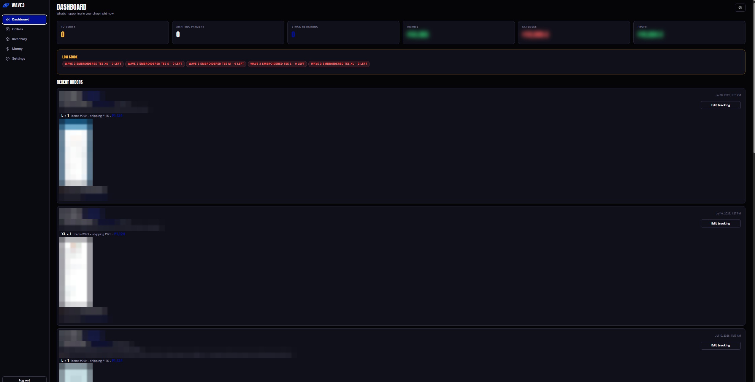 Wave3 admin dashboard — orders, stock, income, expenses and profit at a glance